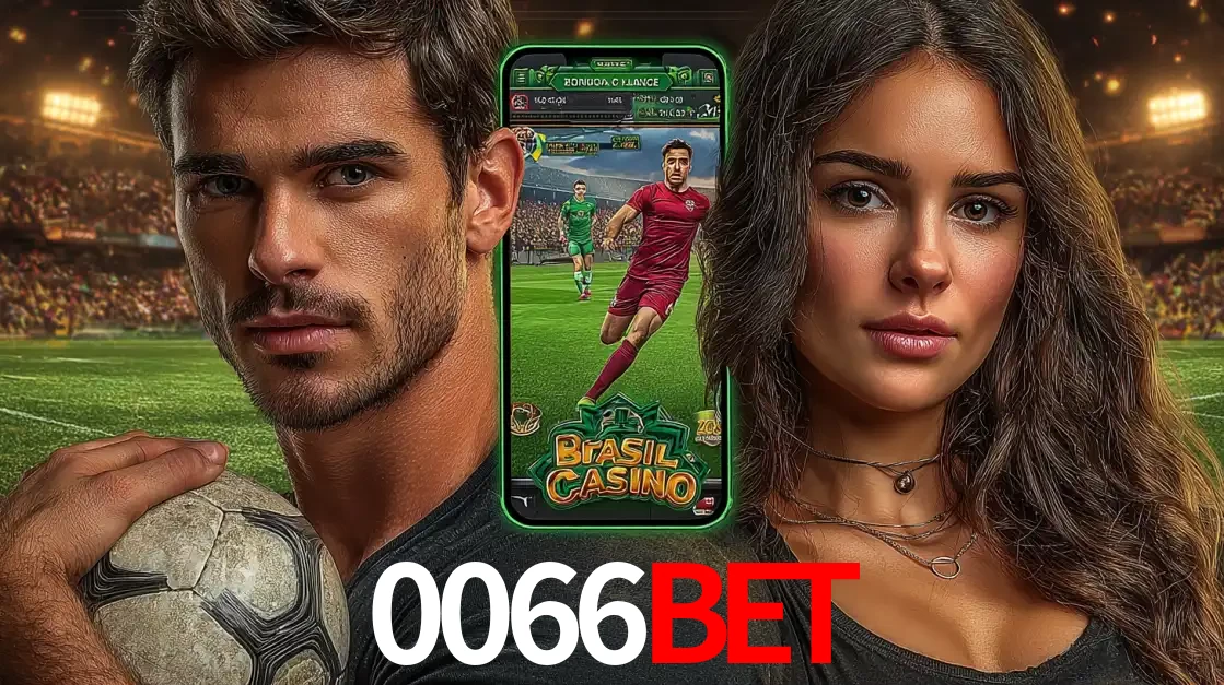 Homem segurando uma bola de futebol e uma mulher ao lado de um smartphone exibindo o jogo de apostas esportivas da 0066BET. Faça seu palpite no cassino online.